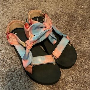 Loeffler Randall Pink and Blue Tie-Dye Sandals